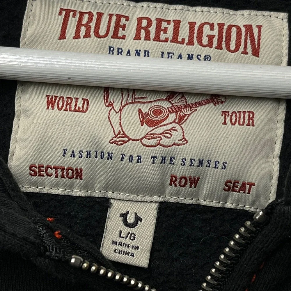 True Religion Mens World Tour Zip Hoodie Black Red Contrast Stitch Large Buddha
